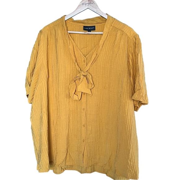 Lane Bryant yellow crinkle chiffon button front neck tie size 28 - Picture 1 of 8